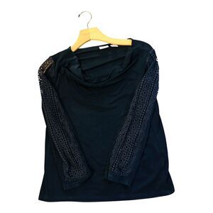 Chicos Sweater Tunic Cowl Neck crochet lace stretchy Black SZ 1 L Long Sleeve